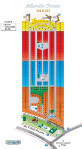 A graphical map of the holiday travel park resort, divided into yellow, red, blue, green and orange sections.